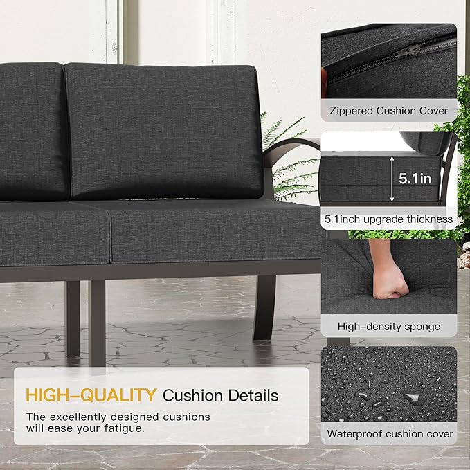 Aluminum Patio Furniture Set with 55,000 BTU Propane Fire Pit Table, 8 Seats Metal Modern Outdoor Furniture w/5.1" Cushions, Sectional w/Swivel Chairs for Backyard, Dark Grey
