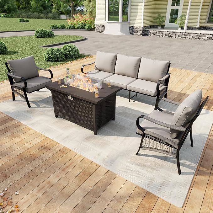 4 Pieces Patio Furniture Set, Metal Outdoor Conversation Sets with Fire Pit Table for Backyard Garden Deck Porch Poolside (Thick Beige Cushions)