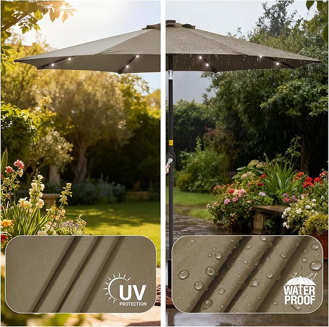 9ft Patio Umbrella Outdoor with Solar Lights,32 LED Lighted Table Market Umbrella with Tilt and Crank, 2-Year-Non-Fading, 8 Sturdy Ribs,for Pool, Deck, Garden,Backyard