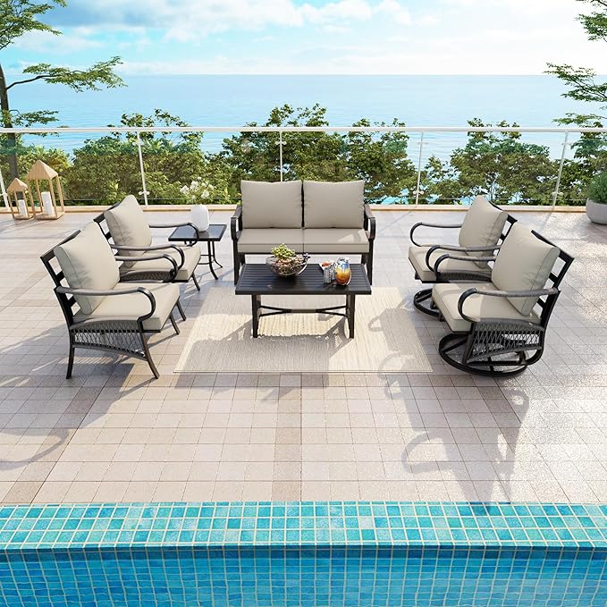 7 Pieces Patio Conversation Sets, All-Weather Metal Swivel Rocking Chairs with Rope Furniture Set, Outdoor Sofa Couch for Deck, Porch, Garden, Backyard, Poolside (Beige Cushions)