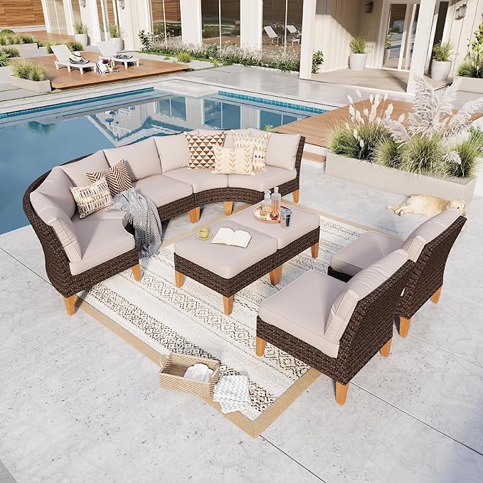 GREEN PARTY 9 Pieces Wicker Patio Furniture Set, All-Weather Outdoor Rattan Half-Moon Curved Patio Sectional Sofa Conversation Set with 4" Thick Cushions for Garden, Backyard, 2 x Ottomans