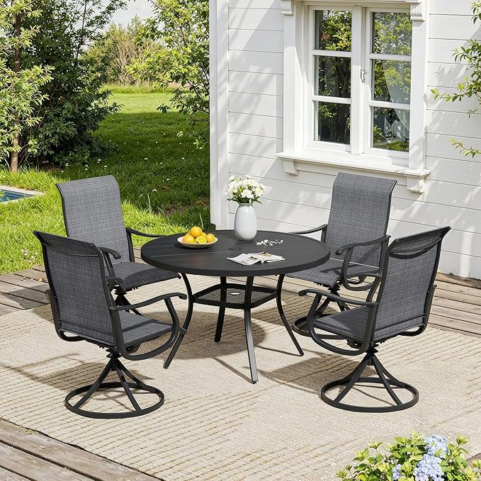 VICLLAX Outdoor Dining Set for 4, Patio Furniture Set of 4 Patio Swivel Dining Chairs and 41" Patio Round Table with Storage Shelf, Dark Charcoal Chairs & Black Tabletop
