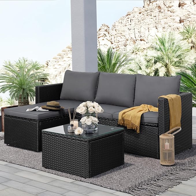 SUNLEI Patio Furniture Set with Detachable Soft Cushions, 3-Piece Patio Sectional Sofa, All Weather Outdoor PE Rattan Patio Conversation Sofa Set with Glass Coffee Table & Ottoman, Black Rattan/Grey