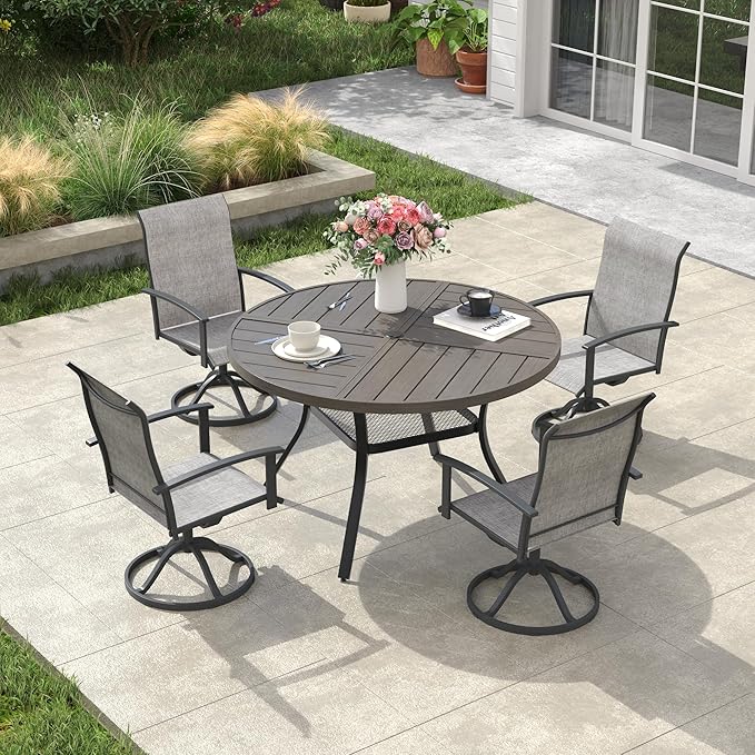 VICLLAX Outdoor Table and Chairs Set for 4, Patio Dining Set of 40.6" Metal Round Patio Table with Umbrella Hole & 4 Swivel Outdoor Dining Chairs for Backyard Lawn, Grey & Antique Grey