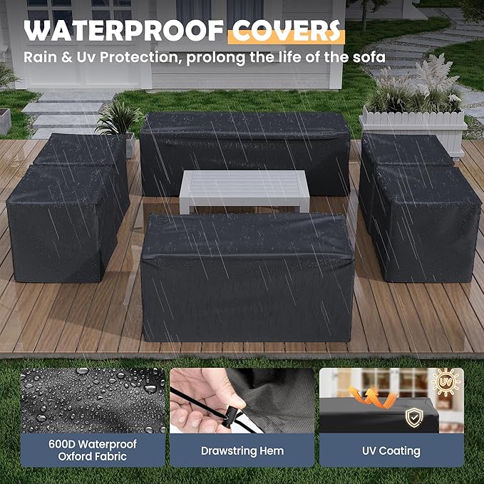 Amopatio Aluminum Patio Furniture Set, 10 Pieces Modern Patio Conversation Sets, Outdoor Sectional Metal Sofa with Coffee Table for Balcony, Garden, White&Blue (Included Waterproof Covers)