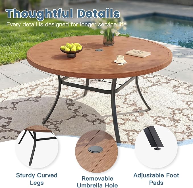 DIFY 9 Piece Patio Dining Set, Metal Outdoor Table and Chairs Set for 8, 53" Round Walnut Dining Table with Umbrella Hole & Wicker Stackable Patio Chairs, Patio Furniture Set for Garden Backyard