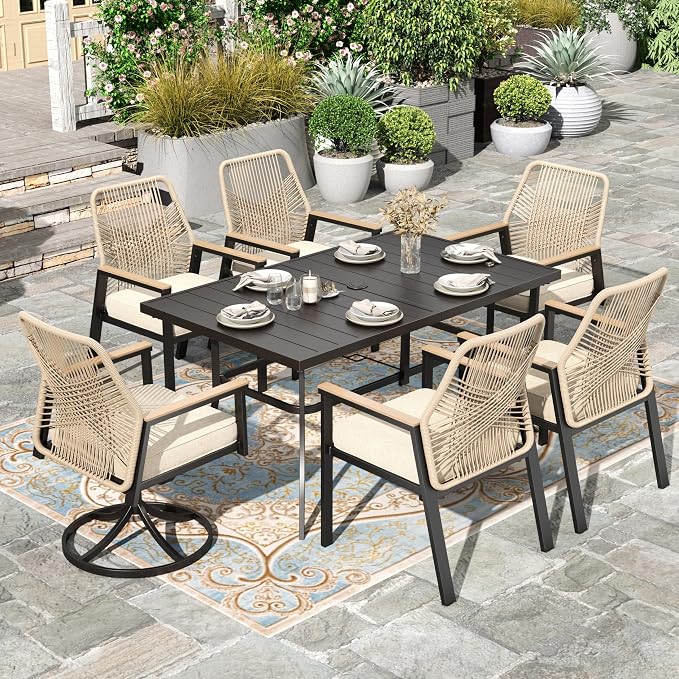 HERA'S HOUSE 7pc Patio Dining Set, 59" Metal Table & Rattan Swivel Chairs | Rectangular table with umbrella hole, cushioned chairs. Waterproof, rust-resistant, all-weather for backyard, porch.
