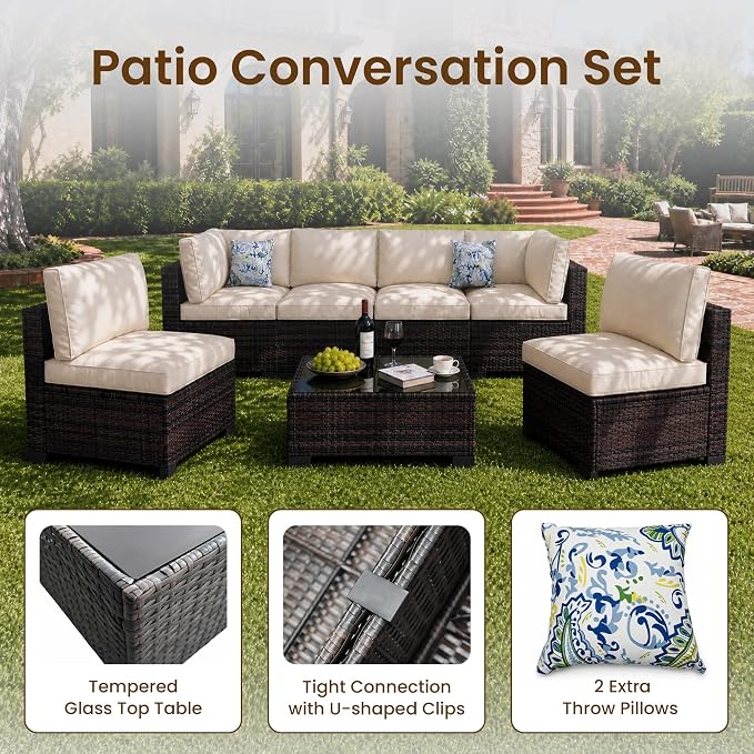 8-Piece Modular Patio Furniture Set with Storage Box Outdoor Sectional Sofa | Patio Conversation Set with Coffee Table, PE Rattan Wicker Couch with Waterproof Cushions for Backyard, Deck & Porch, Beige