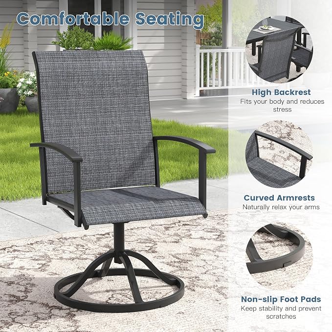 DIFY 9 Pieces Outdoor Dining Set for 8, 63" Black Round Metal Table with Umbrella Hole and Dark Grey Textilene Swivel Patio Chairs, Patio Table and Chairs Set for Garden, Backyard, Poolside