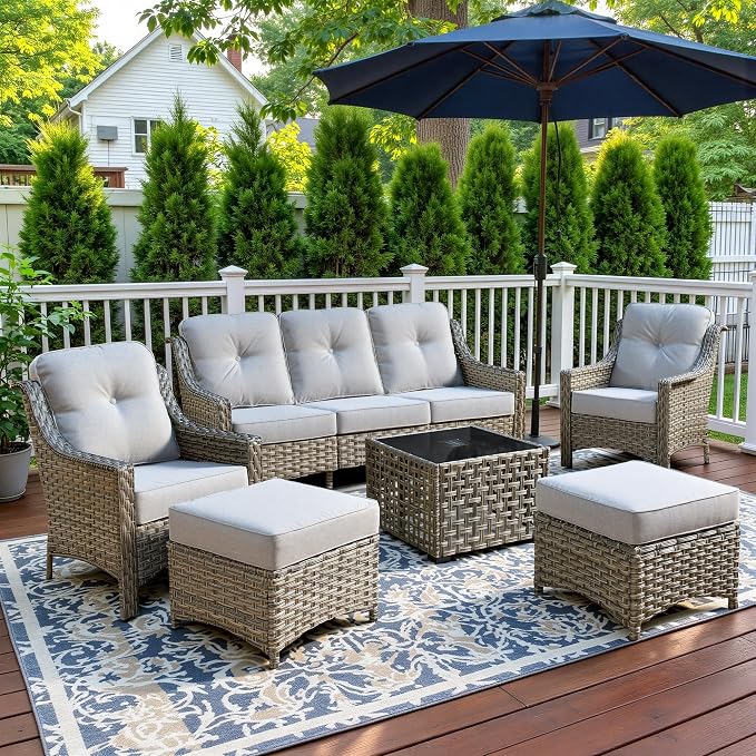 6 Piece Patio Furniture Set with Solar Lights Coffee Table, Outdoor Wicker High Back Sofa Chairs Ottomans with Cushions, All Weather Conversation Set for Backyard Porch Deck, Grey