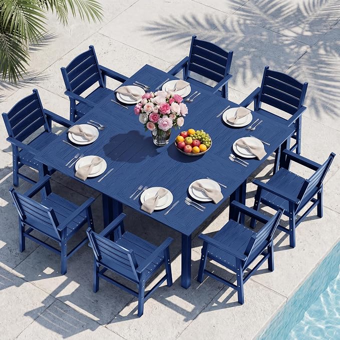 YEFU HIPS Patio Dining Set for 8 : Modern Outdoor Table and Chairs Easy Clean Outdoor Dining Set - 12-Piece Waterproof All-Weather Easy Assembly Furniture for Backyard Garden Deck（Navy）