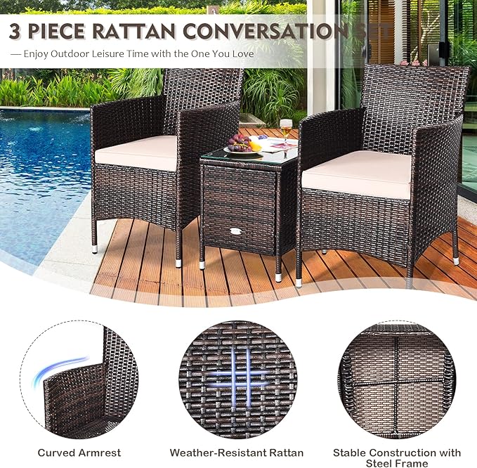 DORTALA 3 Piece PE Rattan Patio Furniture Set, Outdoor Chairs & Table Set with Tempered Glass Top & Cushions, Wicker Conversation Set for Garden Backyard, Beige
