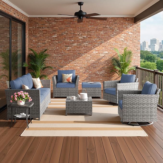Fully Assembled & Spacious 9-Pc Outdoor Sofa Set, Patio Rattan Conversation Group with Rocking Chair and Tea Table