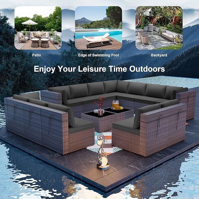 ALAULM 14 Pieces Patio Furniture Set Wicker Patio Conversation Set, Outdoor Sectional Furniture w/Coffee Table & Washable Seat Cushions-Grey