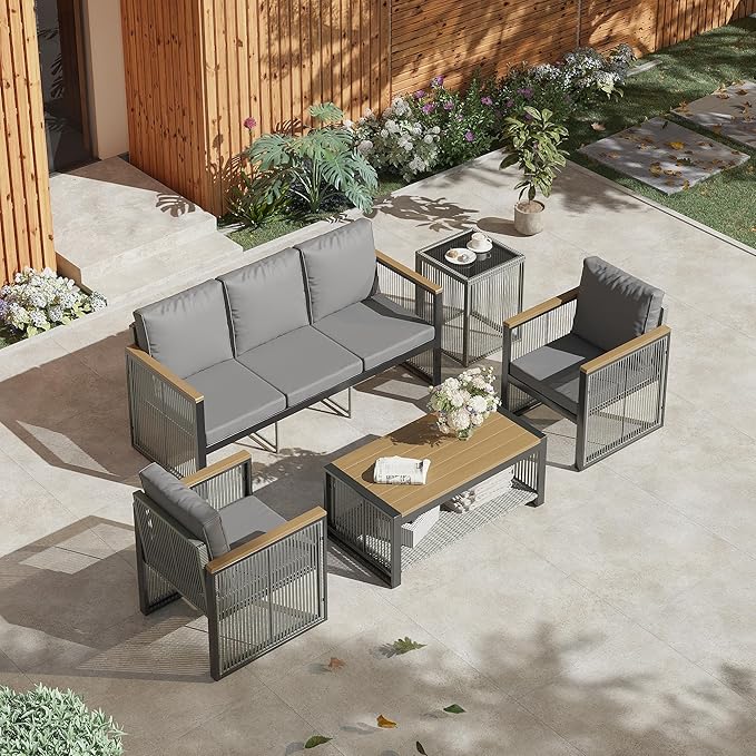 HOMREST Metal Outdoor Patio Furniture Set, 5-Piece Outdoor Sectional Patio Conversation Set with 3-Seat Sofa,Coffee Table,Upgard Cusion for Deck, Lawn,Poolside(Grey)