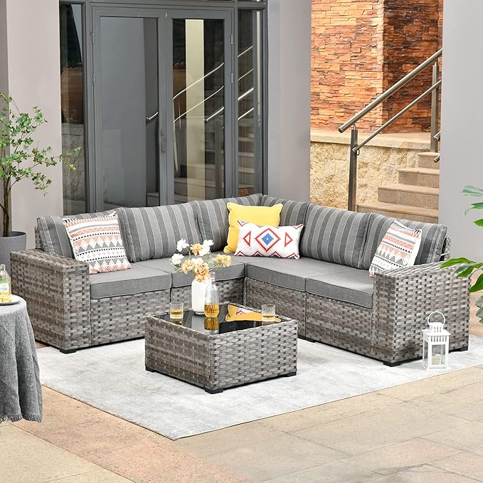 HOOOWOOO Outdoor Patio Sectional Furniture Sofa Set with Widened Armrest,6 Piece Small Modern Wicker Couch,Modular L Shaped Conversation Seating Set with Table for Out Door Garden Corner(Grey Strips)