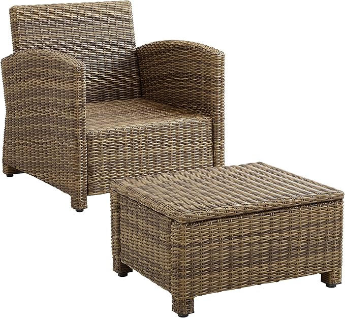 Crosley Furniture Bradenton 2-Piece Outdoor Chair and Ottoman Set, Wicker Patio Conversation Sets for Porch, Brown with Sand Cushions