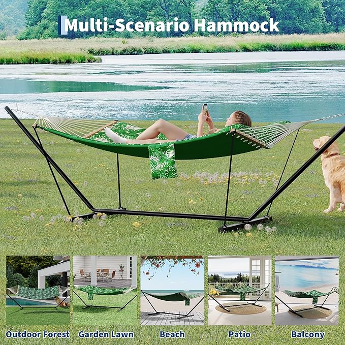 Double Hammock with Stand for Outdoor Use – 2-Person Portable Hammock with Curved Spreader Bar & Balance Ropes, Heavy Duty 450 LBS Capacity for Backyard, Patio & Camping, Green