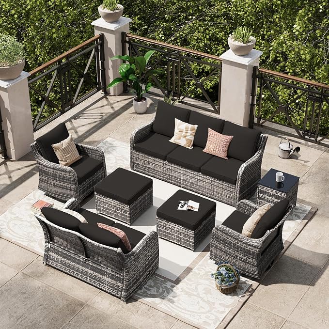 MEISSALIVVE 7 Pieces Patio Furniture Set with Swivel Chair, Wicker Patio Sofa, Rattan Conversation Set with Three-seat Sofa, 2 Ottomans and Loveseat for Lawn Backyard (Black)