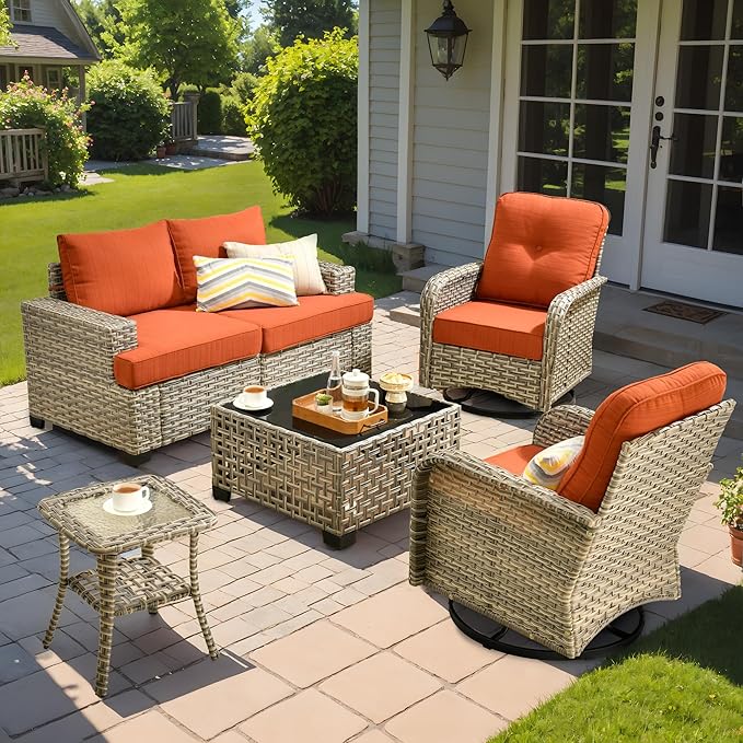 6 Pcs Outdoor Sectional Patio Furniture Set with Swivel Rocking Chair - All Weather Wicker Outside Sectional Couch,Patio Seating Outdoor Conversation Sets for Deck Yard,Orange Red