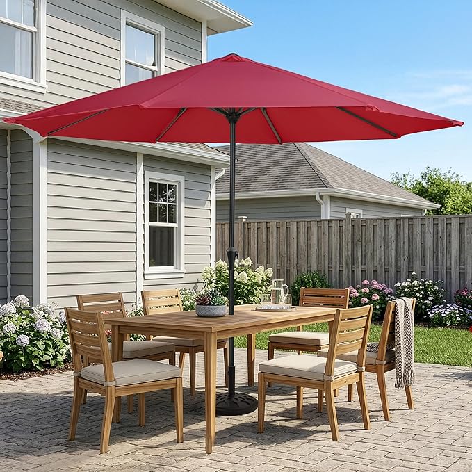 Pure Garden 9FT Round Patio Umbrella with 19lb Weighted Base - Easy Crank, Vented Canopy Outdoor Umbrella for Shade - for Deck, Balcony, Porch, Backyard, or Pool (Maroon Red)