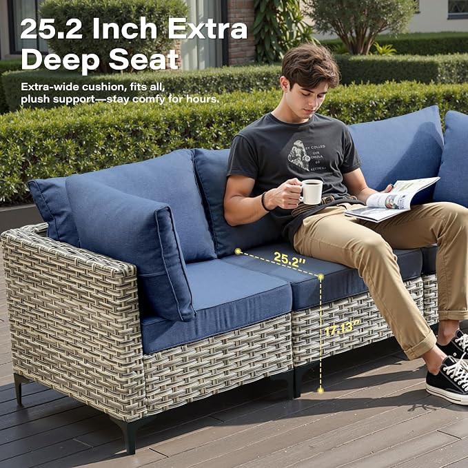 11 Pieces Outdoor Sectional Patio Furniture Set with 54" Fire Pit,Wicker Conversation Sets Rattan L Shaped Couch Swivel Rocking Chairs,Modular Outdoor Sofa for Porch Balcony Backyard Blue