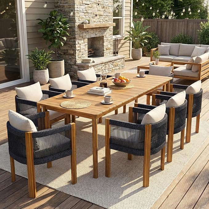 Christopher Knight Home Matera Acacia Wood Outdoor Dining Set for 8, 9 Piece Patio Dining Table and Chair Set, Wooden Outdoor Dining Armchair and Table Set with Cushion, Black+Teak+Sand