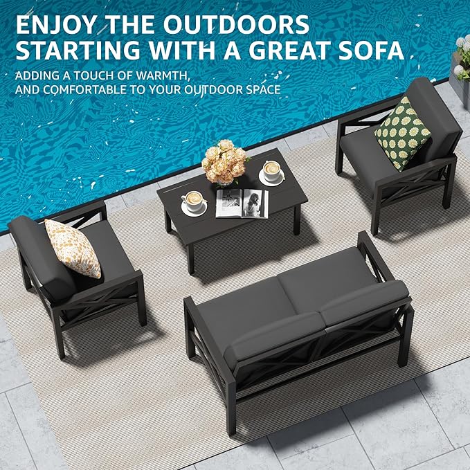 NATURAL EXPRESSIONS Outdoor Patio Furniture 4 Pieces Set, Modern Patio Conversation Sets, Outdoor Sectional Metal Sofa with 5.5 Inch Cushion and Coffee Table,Black