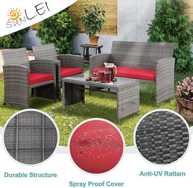 SUNLEI 4 Pcs Outdoor Patio Furniture Sets, Rattan Chair Wicker Conversation Set, Backyard Porch Garden Poolside Gray Rattan Sofa Chair with Cushion for Outdoor Indoor Use (Red)