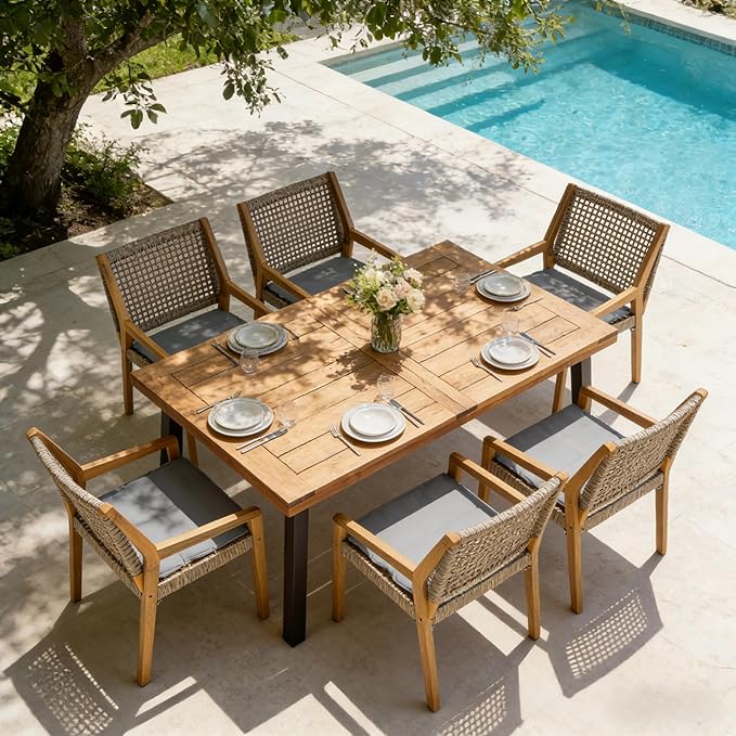 Christopher Knight Home Palin Wooden Patio Dining Set for 6, Acacia Wood Outdoor Dining Table Set for 6, 7 Piece Outdoor Dining Set with Rectangular Table and Armchair with Seat Cushion, Grey + Teak