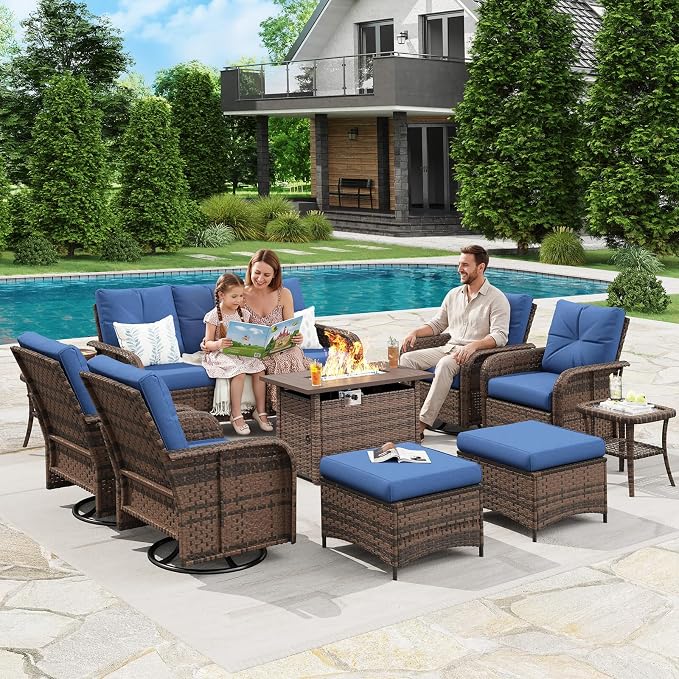 LazySunsets Luxury 12-Piece Patio Furniture Set with 44'' Fire Pit Table, 360° Swivel Chairs, Wicker Rattan Sofa & Thick Cushions, Outdoor Conversation Set for Backyard, Poolside, Brown/Navy Blue
