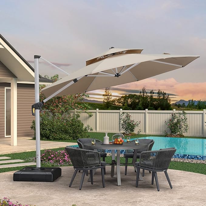 PURPLE LEAF 11 FT Cantilever Patio Umbrellas with Base Included, Large Round Offset Umbrella with 360° Rotation, Outdoor Aluminum Pool Umbrella for Pool Lawn Garden, Beige