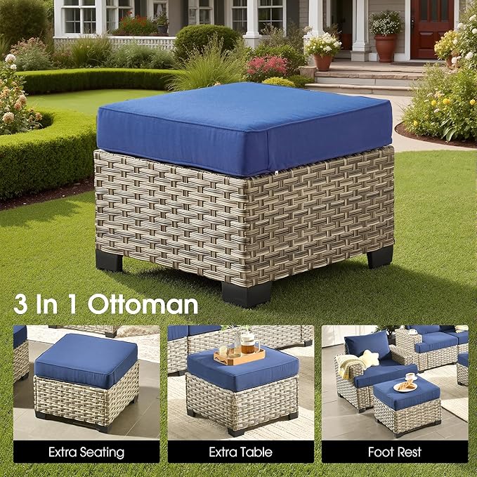 Rattan Patio Furniture Set with Swivel Chairs,9 Pieces Outdoor Sectional with Ottoman Glowing Coffee Table,Out Door Furniture Conversation Set,Navy Blue