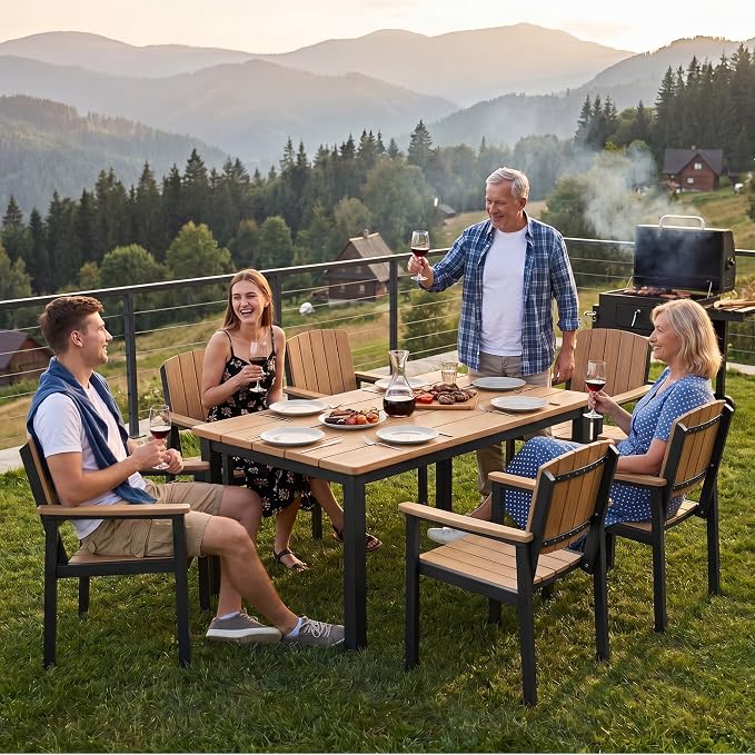 Aluminum Outdoor Patio Dining Table for 4-6 Person, All-Weather Rectangular Outdoor Table with Umbrella Hole for Garden Backyard Poolside Nature Wood