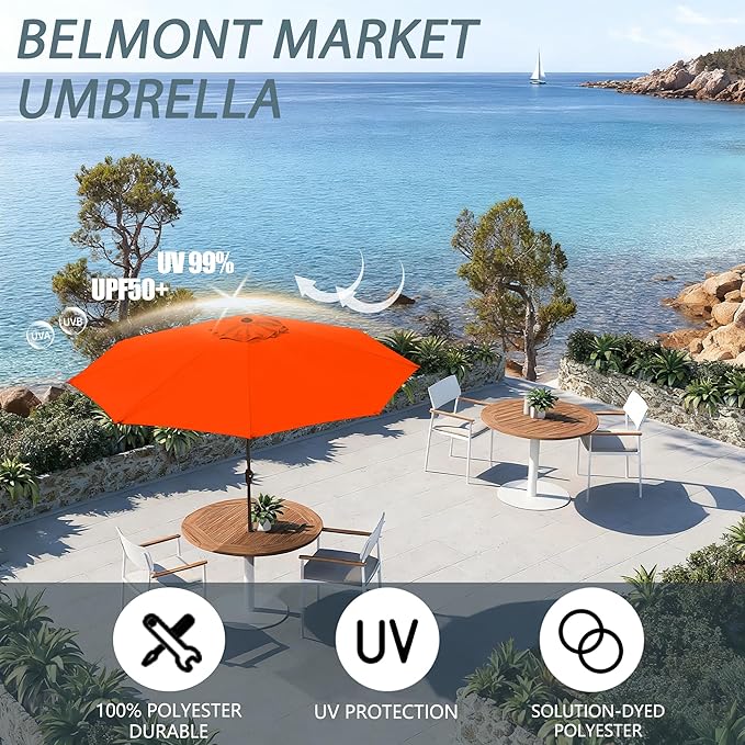 9FT Large Outdoor Patio Umbrella Pool Market Umbrella-UV Resistant, Easy Push Button Tilt and Crank, 8 Sturdy Ribs Heavy-Duty Table Umbrella for Deck, Backyard, Garden(Orange)