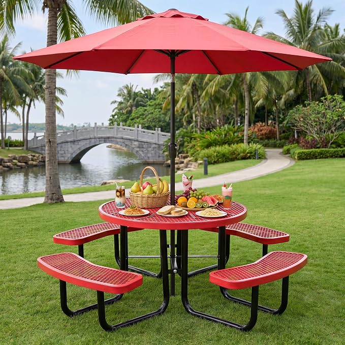 Heavy Duty Picnic Table for Outdoors 3200 lbs Load All Metal Dining Table with Umbrella Hole up to 1.5", Round Camping Table for Commercial Picnic Table with Benches, Red