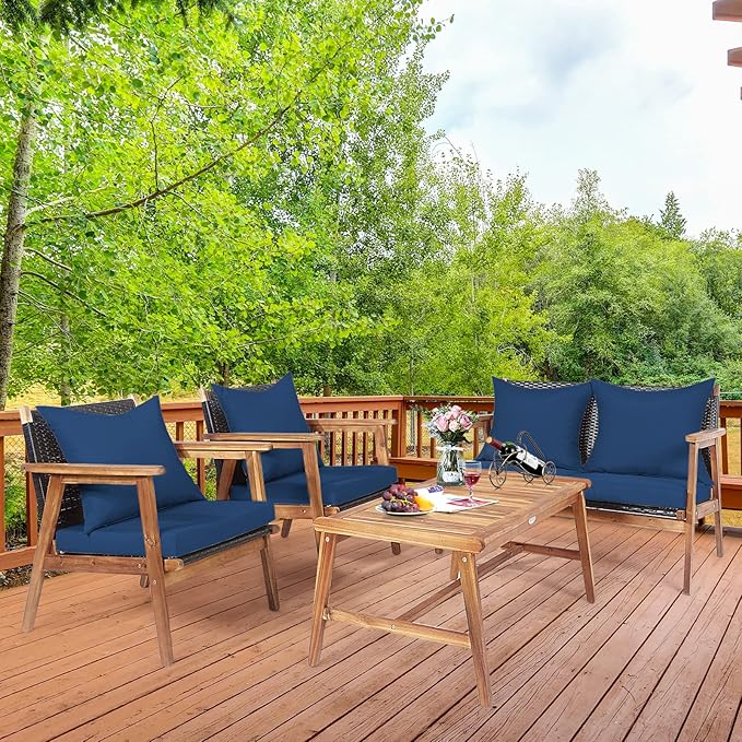 HAPPYGRILL 4 Pieces Outdoor Rattan Sofa Set Acacia Wood Frame Conversation Set with Coffee Table, Sectional Furniture Set with Cushions for Backyard Porch Garden Poolside Balcony