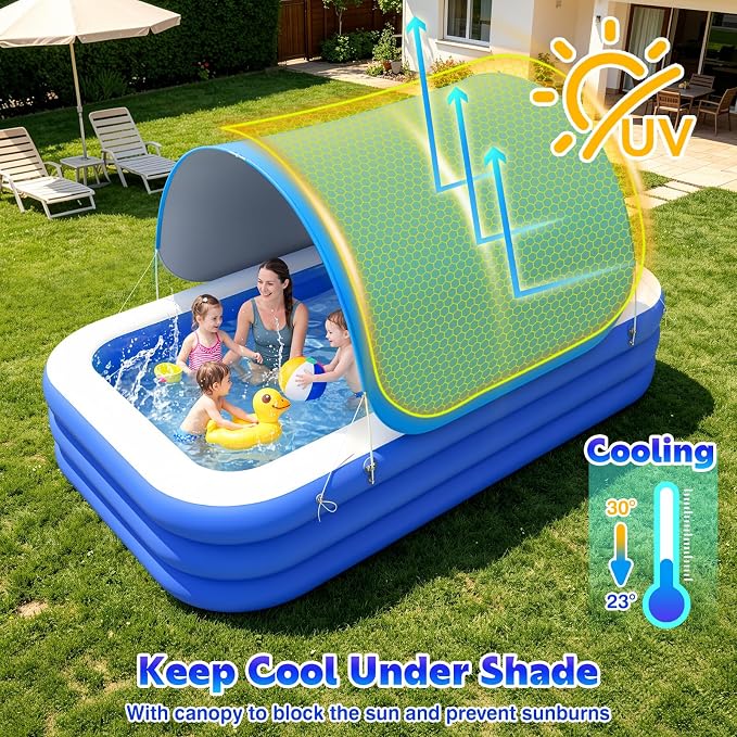 MoKo Inflatable Swimming Pool with Canopy, Large Blow Up Pool with Shade for Adults Kids Kiddie Toddler, 102" × 65" × 23" Big Foldable Family Above Ground Pools for Backyard Garden, Blue/White