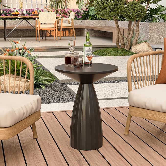 Round Metal Outdoor Patio Side Table Set of 2, Black Small Patio End Table, Steel Outdoor Accent Table for Garden, Pool, Deck, Balcony, Yard, Living Room, Weather Resistant, No Assembly