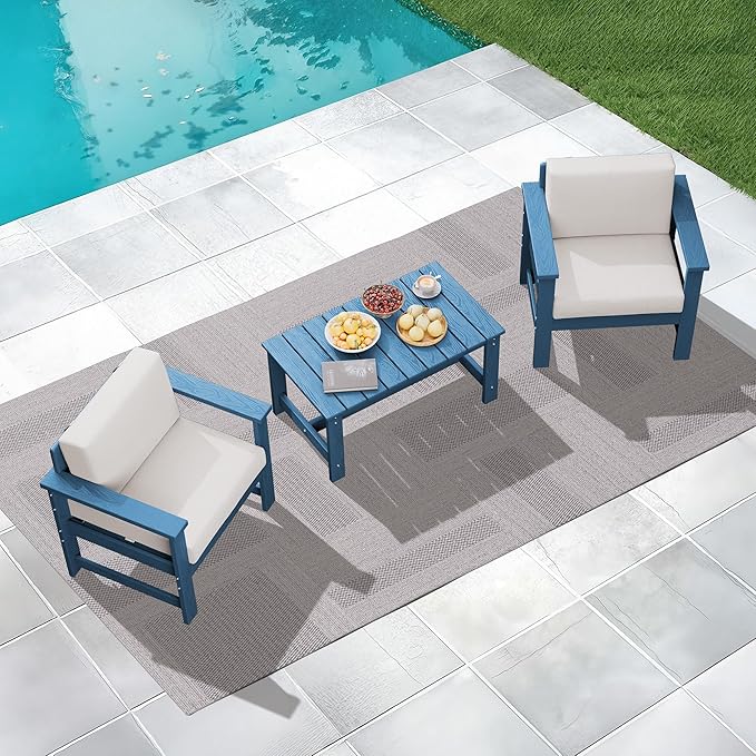 KINGYES 3 Pieces Outdoor Furniture Set, HDPE All Weather Use Conversation Couch, Blue Frame with Khaki Cushions