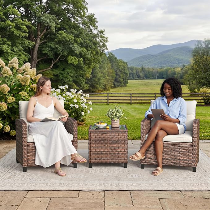 3-Piece Outdoor Patio Furniture Set, PE Rattan Wicker Chairs with Tempered Glass Side Table & Washable Cushions, All-Weather Conversation Set for Porch, Deck, Balcony or Garden (Brown/Beige)