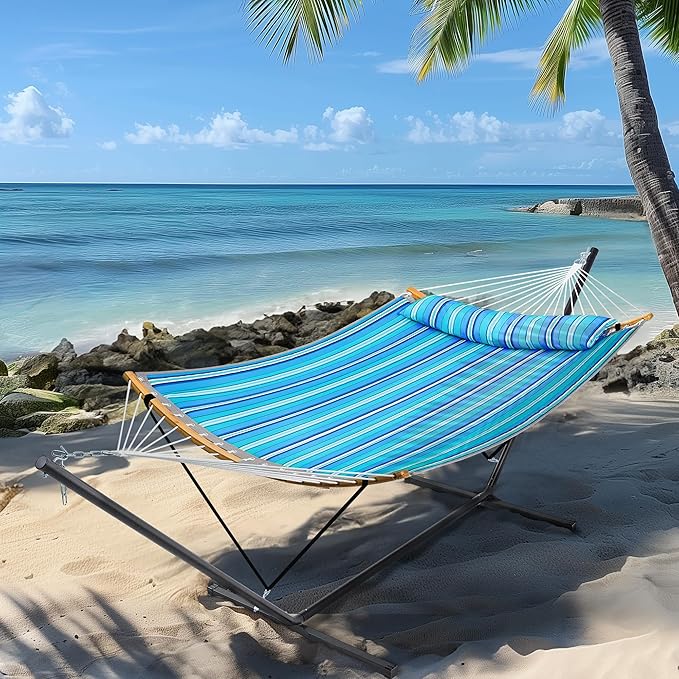 SUPERJARE Hammock with Stand, 2 Person Heavy Duty Hammock with Padded Cotton, Detachable Pillow & Strong Curved-Bar & Portable Carrying Bag, Perfect for Outdoor & Indoor, Aqua Blue
