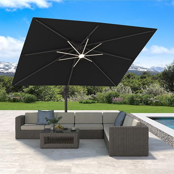 10' X 13' Cantilever Patio Umbrella with Base Included and Led Lights Double Top Rectangular Outdoor Large Offset Umbrellas with 7 Tilts Adjustable 360°Rotation for Deck Pool Garden Backyard, Black