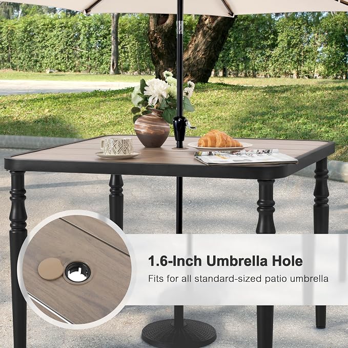 NUU GARDEN 5-Piece Outdoor Dining Set, 4 Stackable Chairs & 37" Square Table with Umbrella Hole and Faux Wood Tabletop, Weather-Resistant Furniture for Patio Deck Yard Garden, Black