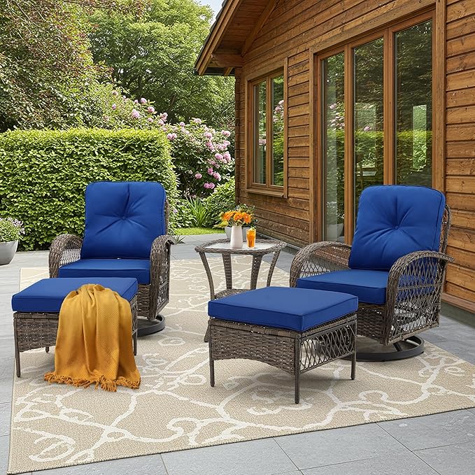 EROMMY 5 Pieces Outdoor Swivel Rocker Patio Chairs, 360 Degree Rocking Patio Conversation Set with Thickened Cushions, Glass Coffee Table and Ottomans for Backyard, Navy Blue