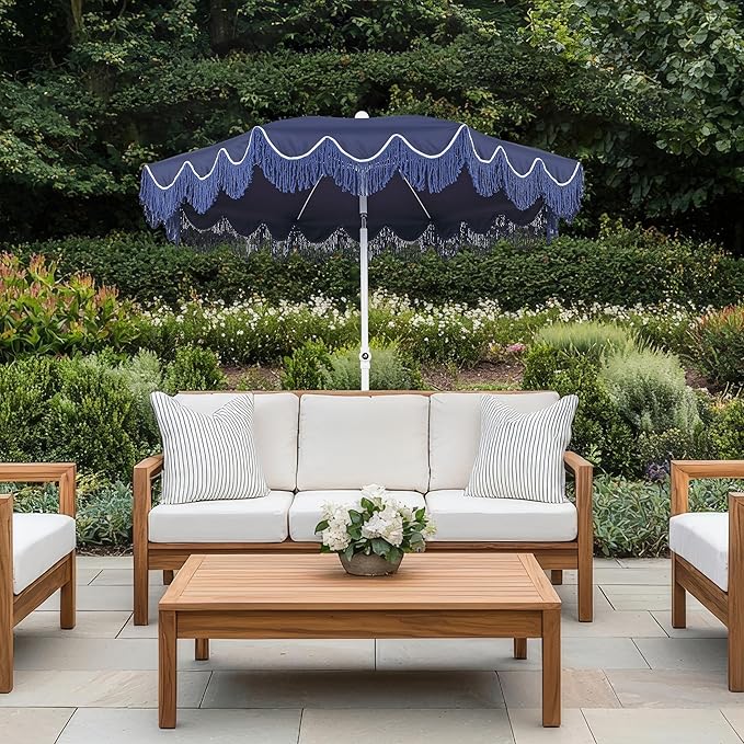 JONATHAN Y Mariner 6.5 ft. Beach Umbrella, Navy Solid with Fringe, Push-Button Tilt, UPF 50+ Sun Protection and Carrying Bag for Patio and Pool, White Pole UMB1005T
