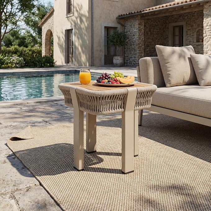 Acacia Wood Side Table, Square Outdoor End Table with Rope & Metal Frame, Small Outdoor Table for Patio, Garden, Poolside, Deck w/UV-Resistant Frame,120 lbs Capacity, Beige+Teak