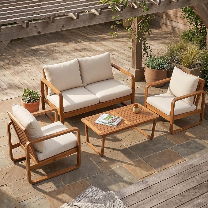 Christopher Knight Home Myra Acacia Wood 4 Piece Outdoor Patio Furniture Set, Wooden Patio Conversation Set with Loveseat Club Chairs & Coffee Table, 4-Seater Patio Sofa Chair and Table Set,Teak+Beige