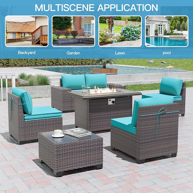 7 Pieces Outdoor Patio Furniture Set with 43"/55000BTU Gas Fire Pit Table,PE Rattan Wicker Outdoor Conversation Sofa Set Non-Slip Cushions Waterproof Covers for Backyard,Poolside,Garden,Blue
