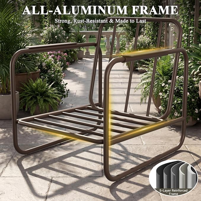 3 Piece Outdoor Chair Set with Side Table, 2 Patio Accent Chairs & Coffee Table, Sturdy Aluminum Frame, 6" Thick Cushions, 24" Wide Seat, All-Weather for Porch Deck Backyard, Brown